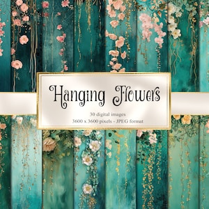 Hanging Flowers Digital Paper, pink and seafoam teal floral backgrounds oil paint textures