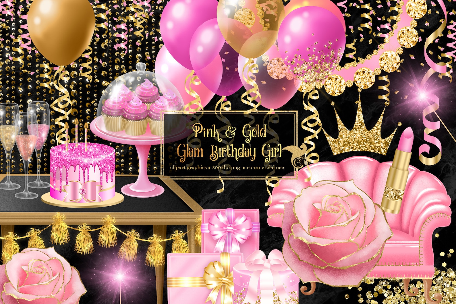 Pink and Gold Glam Birthday Girl Clip Art Digital Party Etsy