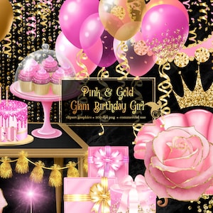 Pink and Gold Glam Birthday Girl Clip Art - digital party glitter graphics in png format instant download for commercial use