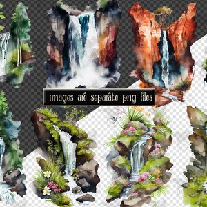 May include: Watercolor illustrations of waterfalls in various settings. The images feature lush greenery, rocky cliffs, and cascading water. The illustrations are perfect for adding a touch of nature to any project.