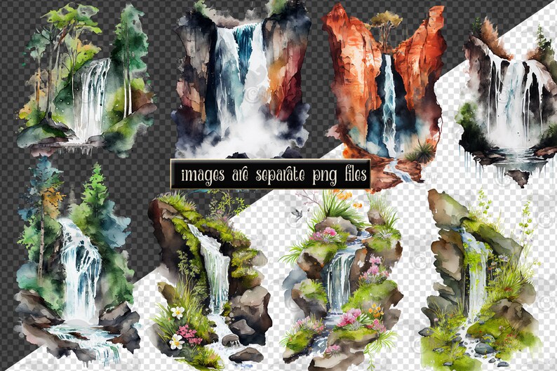 May include: Watercolor illustrations of waterfalls in various settings. The images feature lush greenery, rocky cliffs, and cascading water. The illustrations are perfect for adding a touch of nature to any project.