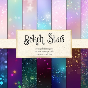 May include: 18 digital papers featuring a bokeh star effect in various colours, including pink, blue, purple, and green. The papers are 3600 x 3600 pixels and are for commercial use.