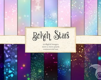 Bokeh Stars Digital Paper, starlight bokeh light effects on printable backgrounds for commercial use