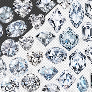 May include: A collection of various cut diamonds, including round, heart, pear, and emerald shapes. The gems are clear and sparkling, with facets that catch the light. The background is a mix of transparent and dark gray.
