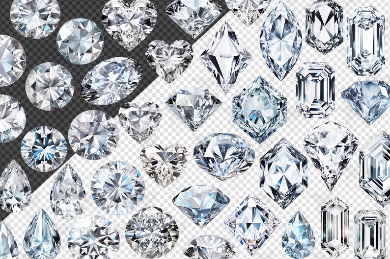 May include: A collection of various cut diamonds, including round, heart, pear, and emerald shapes. The gems are clear and sparkling, with facets that catch the light. The background is a mix of transparent and dark gray.