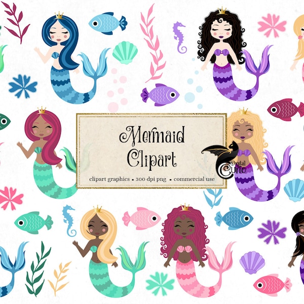 Mermaid Clipart with light and dark skin tones, cute mermaid clip art graphics instant download for commercial use