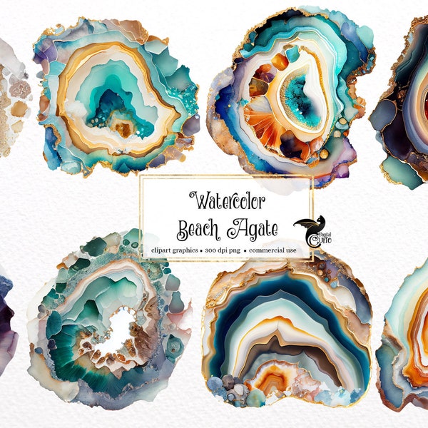 Watercolor Beach Agate Clipart, seafoam and gold geode digital graphic elements clip art instant download for commercial use