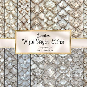Puede incluir: Una colección de arte digital con patrones sin costuras de escamas de armadura de dragón blancas. La imagen incluye una pancarta central con el texto "Seamless White Dragon Armor", y detalles sobre el número de imágenes y las dimensiones en píxeles.