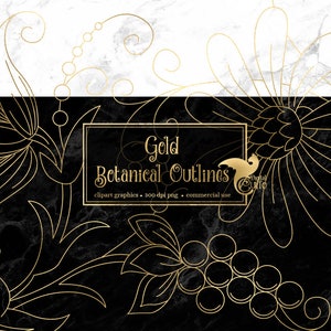 Clipart de contorno botânico dourado, flores em folha de ouro e elementos de folhas em formato PNG, download instantâneo para uso comercial