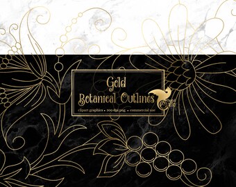 Gold Botanical Outline Clipart, Floral Leaf Design Elements (PNG, Digital Download)
