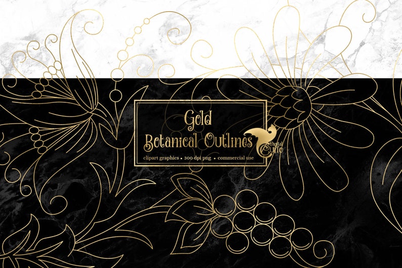 Gold Botanical Outline Clipart Gold Foil Flowers and Leaf Etsy