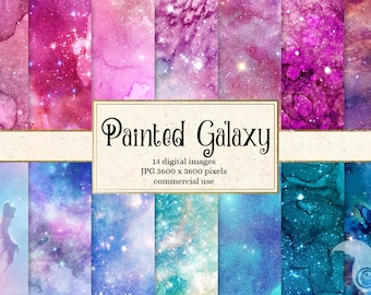 Painted Galaxy Digital Paper, watercolor starry night backgrounds, printable night sky nebula scrapbook paper, paint watercolour textures