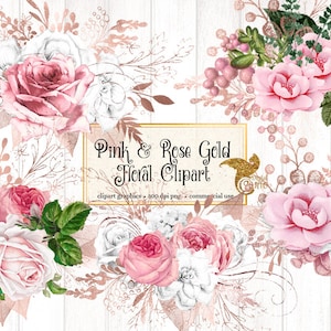 Pink and Rose Gold Floral Clip Art, digital instant download painted watercolor flower png embellishments, pink rose, rose gold roses