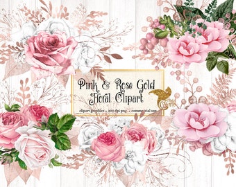 Pink and Rose Gold Floral Clip Art, digital instant download painted watercolor flower png embellishments, pink rose, rose gold roses