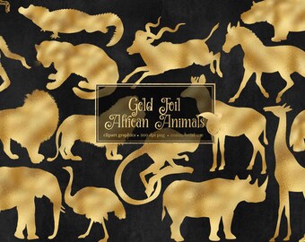 Gold Foil African Animals Clipart, Safari Illustrations (Digital Download)