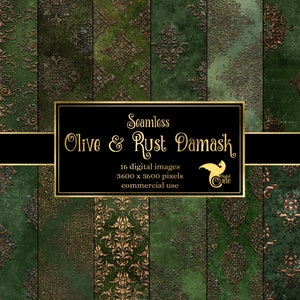 May include: 16 seamless digital paper patterns featuring a green and gold damask design. The patterns are 3600 x 3600 pixels and are for commercial use.