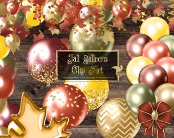 Fall Balloons Clipart, autumn glitter balloon arch png digital overlays with ribbons and confetti instant download commercial use