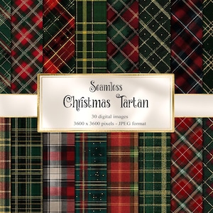 May include: A collection of seamless Christmas tartan patterns in various colors, including red, green, and gold. The image features a variety of plaid designs, with a banner that reads "Seamless Christmas Tartan". The image includes 30 digital images, 3600 x 3600 pixels in JPEG format.