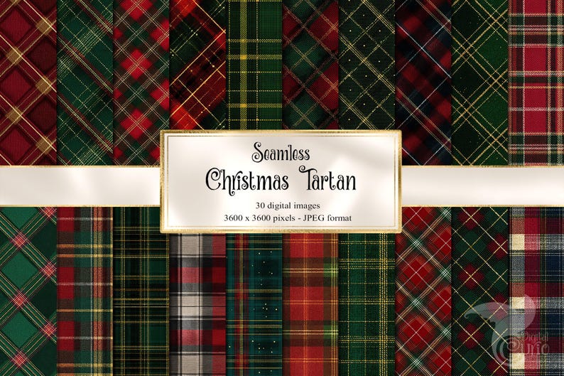 May include: A collection of seamless Christmas tartan patterns in various colors, including red, green, and gold. The image features a variety of plaid designs, with a banner that reads "Seamless Christmas Tartan". The image includes 30 digital images, 3600 x 3600 pixels in JPEG format.