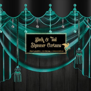 Imágenes Prediseñadas de cortinas de brillo negro y verde azulado, gráficos de imágenes prediseñadas de telón de fondo de cortina digital, cortinas de escenario, cortinas de teatro, superposiciones de png de cortina