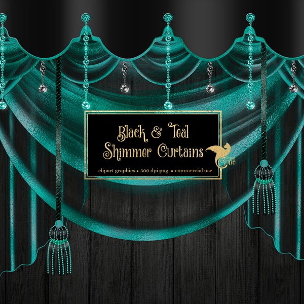 Black and Teal Shimmer Curtains Clipart, digital curtain backdrop clip art graphics, stage curtains, theater drapes, curtain png overlays