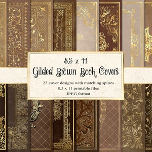 Capas de livros marrons douradas, capas de livros douradas decorativas para impressão 8,5 x 11 folhas digitais de download instantâneo para uso comercial