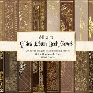 Gilded Brown Book Covers, printable decorative gilded book covers 8.5 x 11 instant download digital sheets for commercial use