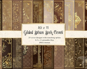 Gilded Brown Book Covers, printable decorative gilded book covers 8.5 x 11 instant download digital sheets for commercial use