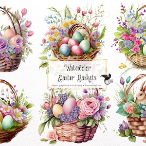 Clipart de cestas de Páscoa em aquarela - cestas de ovos florais em formato PNG, download instantâneo para uso comercial