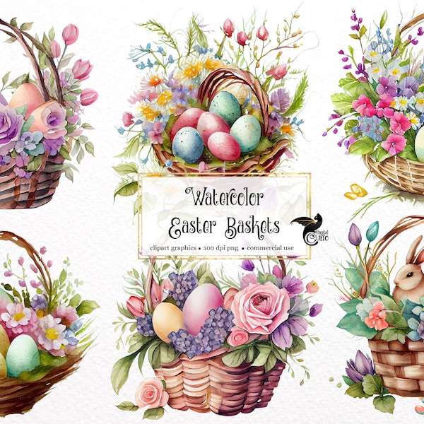 Watercolor Easter Baskets Clipart - floral egg baskets in PNG format instant download for commercial use