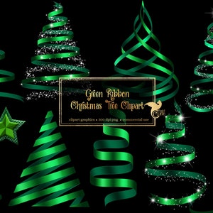 Green Ribbon Christmas Tree Clip Art Digital Holiday Glitter Png