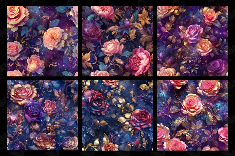 Fantasy Flowers Digital Paper, seamless flower printable oil paint textures printable scrapbook paper Set 6 image 3