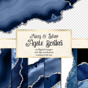 Navy und Silber Achat Bordüren, digitale Aquarell Geode PNG Overlays mit Glitzer für die kommerzielle Nutzung in Hochzeitseinladung oder Webdesign