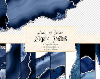 Navy and Silver Agate Borders, digital watercolor geode PNG overlays with glitter for commercial use in wedding invitation or web design