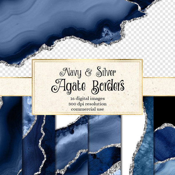 Navy and Silver Agate Borders, digital watercolor geode PNG overlays with glitter for commercial use in wedding invitation or web design