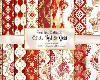 Distressed Ornate Red and Gold Digital Paper - seamless printable digital backgrounds for commercial use