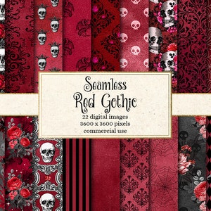 Seamless Red Gothic digital paper, skull damask Halloween scrapbook paper, distressed grunge texture, goth backgrounds, victorian vintage
