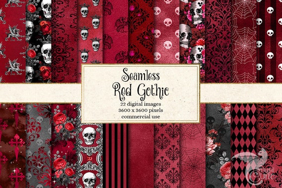 Seamless Red Gothic Digital Paper, Skull Damask Halloween