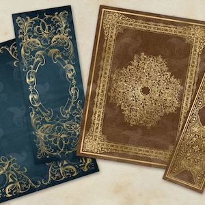 Op de afbeelding: Vier decoratieve papieren frames met gouden sierlijke ontwerpen. Twee frames zijn blauw met gouden ontwerpen, en twee frames zijn bruin met gouden ontwerpen.