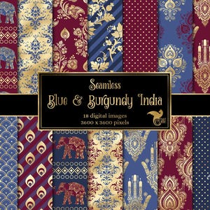 Carta digitale India blu e bordeaux, sfondi con motivo mehndi senza soluzione di continuità con lamina d'oro, carta stampabile per uso commerciale