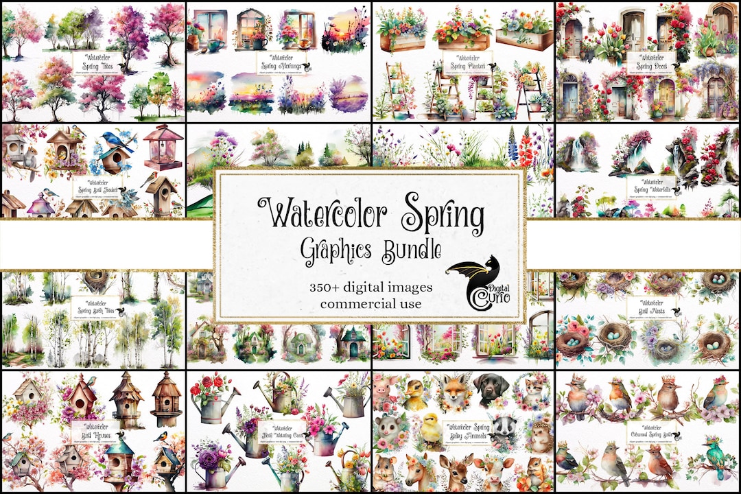 Watercolor Spring Graphics Bundle, Floral Clip Art Springtime Graphics ...