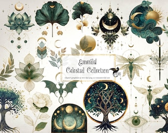 Más de 150 ilustraciones y clip art de la colección Celestial Esmeralda: imágenes PNG cósmicas, esotéricas y ocultas.