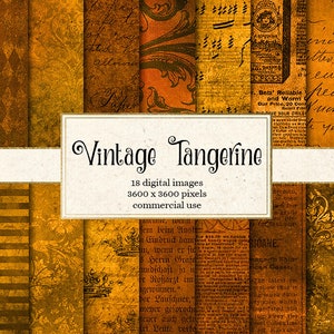 May include: A digital paper pack with 18 vintage-style images in warm orange and brown tones. The images feature patterns, text, and musical notes. The text includes the words "Vintage Tangerine", "18 digital images", "3600 x 3600 pixels", and "commercial use".
