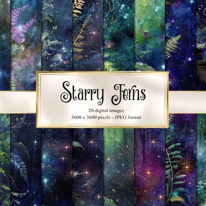 Starry Fern Digital Paper, Celestial Floral Scrapbook Pages (Digital Download)