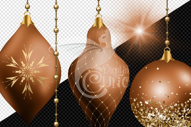 Bronze and Gold Christmas Ornaments Clipart digital glitter Christmas ball ornament clip art in png format for commercial use
