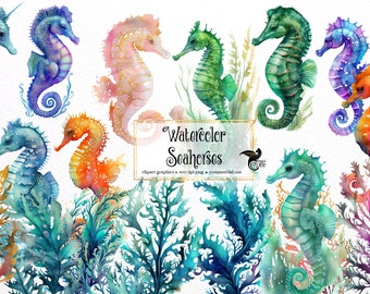 Watercolor Seahorse Clipart, cute nautical ocean animals PNG clip art graphics instant download for commercial use