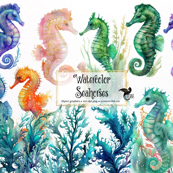 Watercolor Seahorse Clipart, cute nautical ocean animals PNG clip art graphics instant download for commercial use