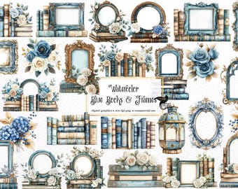 Aquarell Blau Bücher und Rahmen Clipart, Boho Academia Illustrationen im PNG-Format