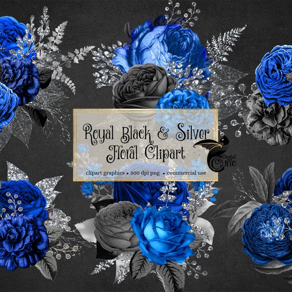 Royal Black and Silver Floral Clipart, royal blue flower bouquets black and silver glitter wedding flowers instant download commercial use