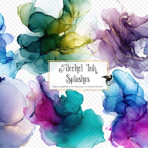 May include: A collection of vibrant alcohol ink splashes in shades of blue, purple, green, and gold. The image features abstract, flowing designs with the text "Alcohol Ink Splashes" and other details.